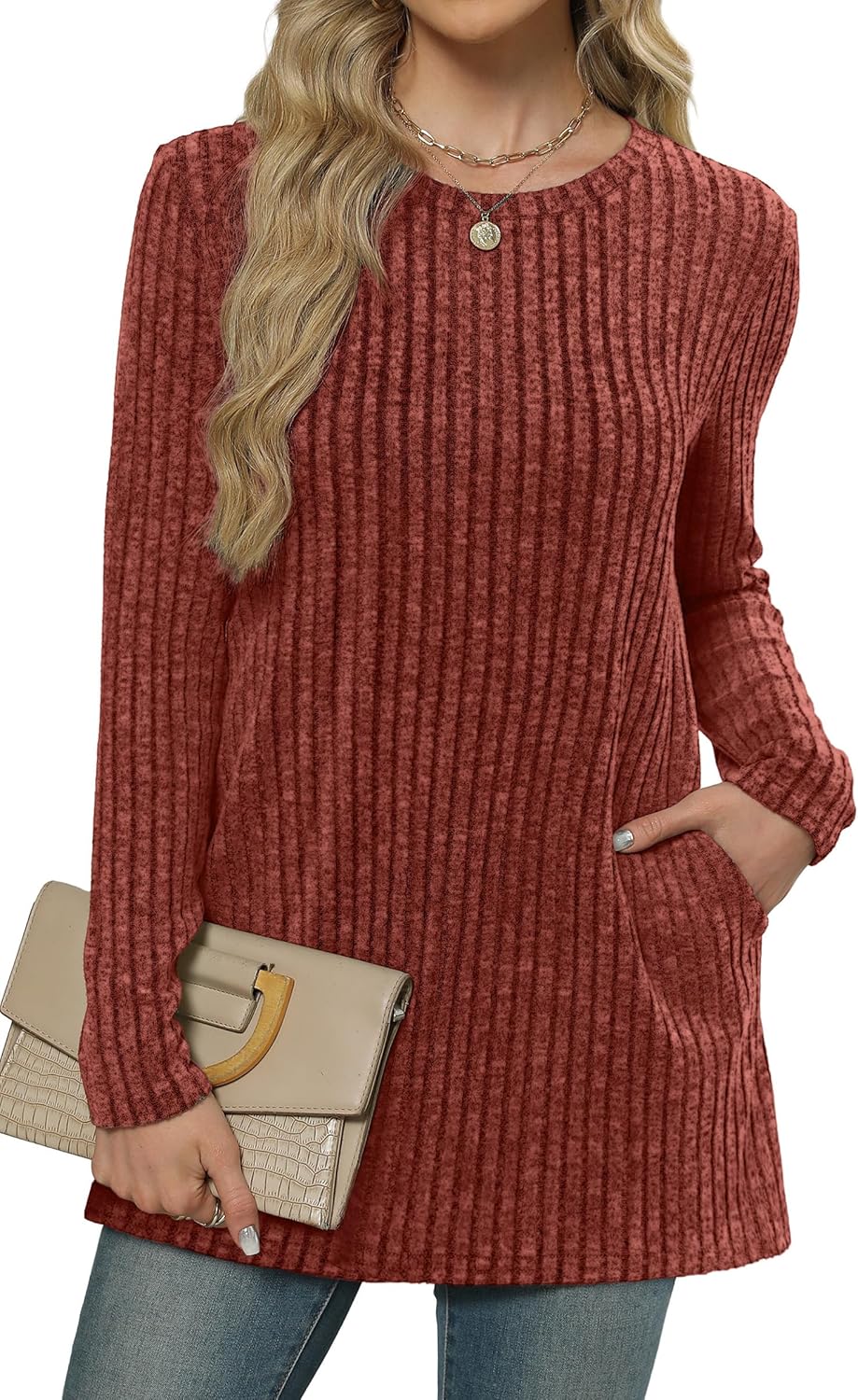 XIEERDUO Women’s Long-Sleeve Crewneck Tunic Tops Loose-Fit Sweaters with Pockets Fall Fashion 2025