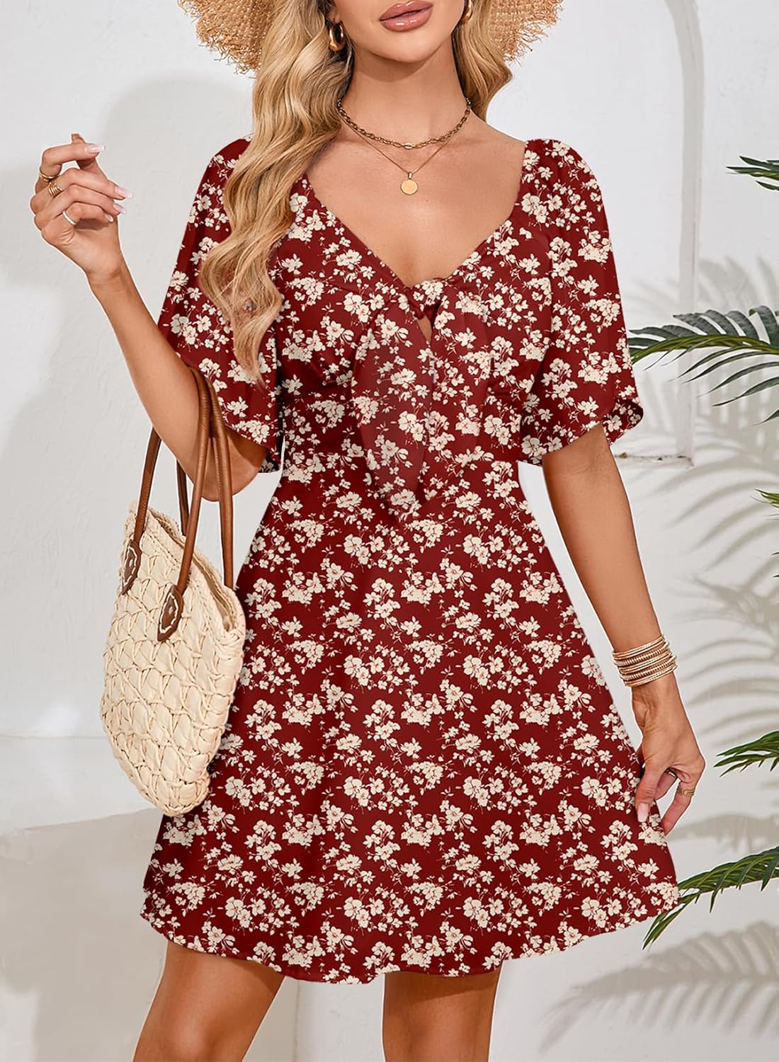 Dokotoo Women’s 2025 Summer & Fall Deep V-Neck Mini Dress with Elegant Bow Tie, Available in Sizes S–XL