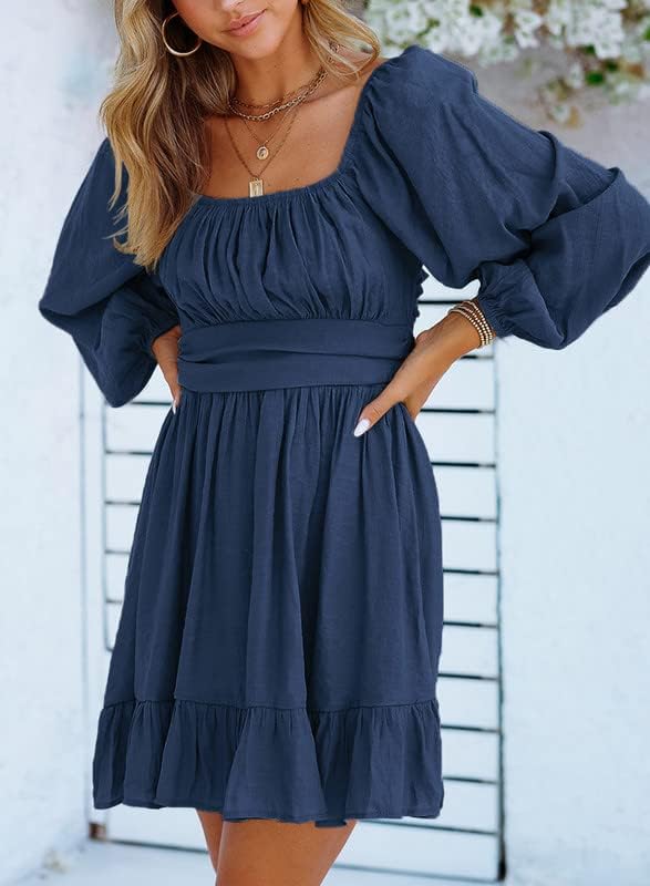 Dokotoo Women’s Long-Sleeve Lantern Dress Square Neck Tie-Back Ruffle A-Line Mini Dress with Elastic Waist, Sexy and Elegant