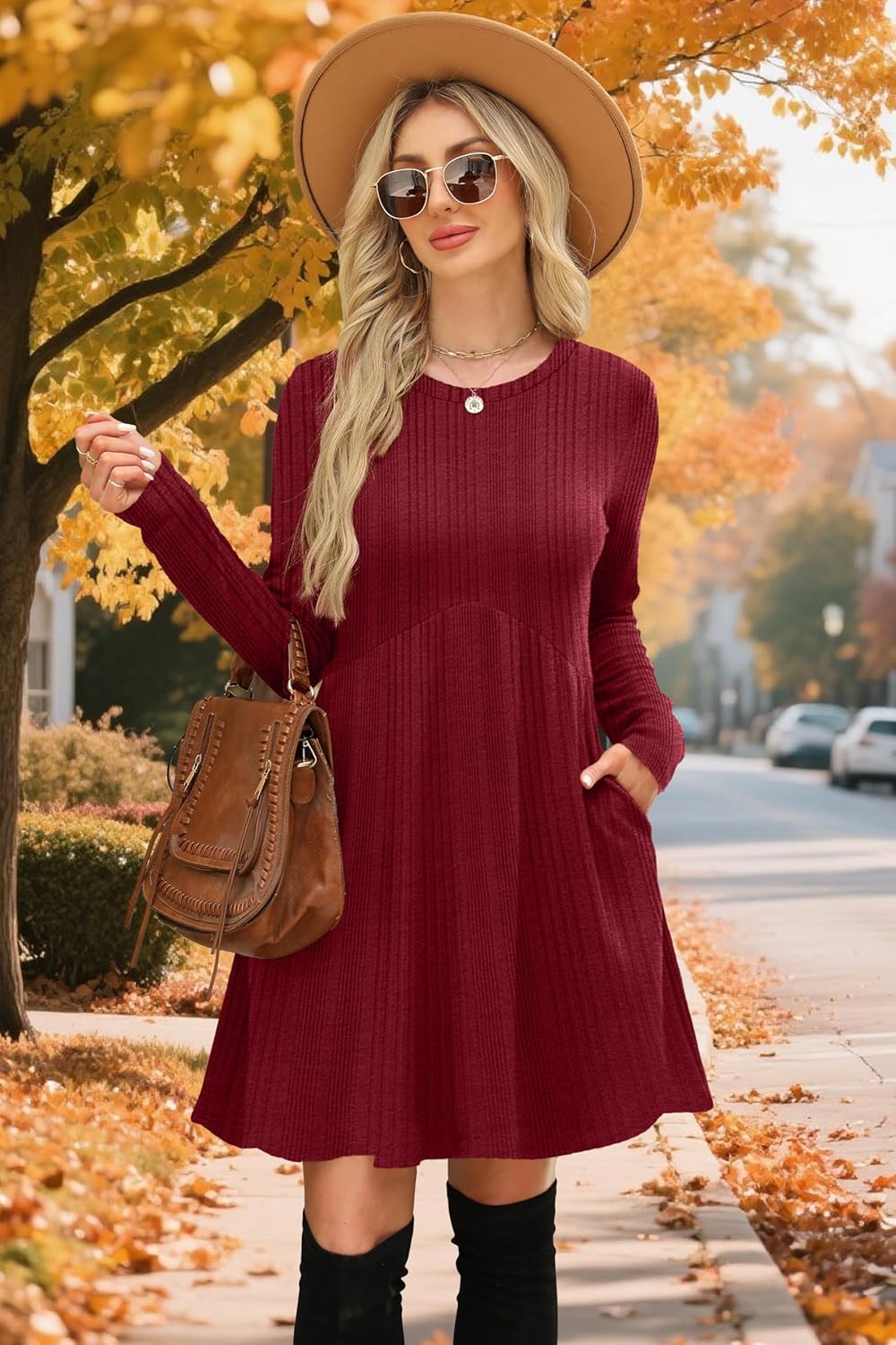 OFEEFAN Women’s Long-Sleeve Crew Neck Tunic Dress Empire Waist with Pockets