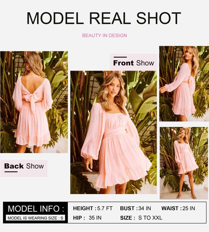 Dokotoo Women’s Long-Sleeve Lantern Dress Square Neck Tie-Back Ruffle A-Line Mini Dress with Elastic Waist, Sexy and Elegant