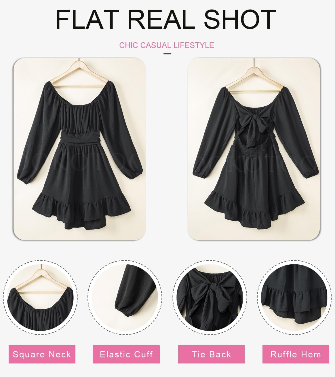 Dokotoo Women’s Long-Sleeve Lantern Dress Square Neck Tie-Back Ruffle A-Line Mini Dress with Elastic Waist, Sexy and Elegant