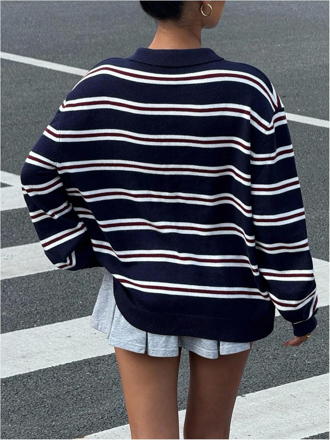 Women’s Long-Sleeve Striped Sweaters Collared Golf Shirts Knit Jumper Preppy Fall Fashion Tops