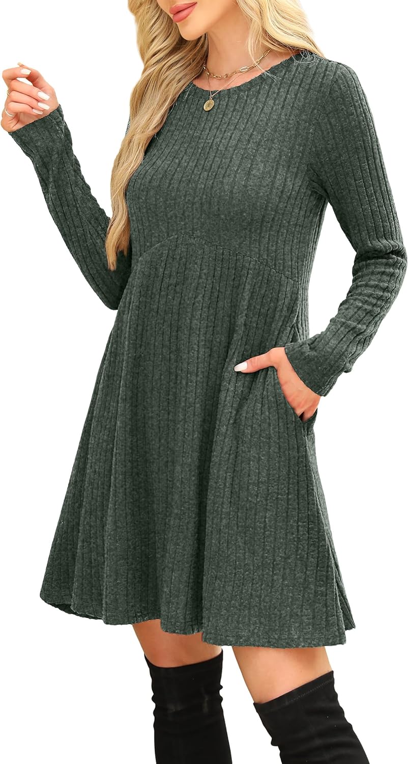 OFEEFAN Women’s Long-Sleeve Crew Neck Tunic Dress Empire Waist with Pockets
