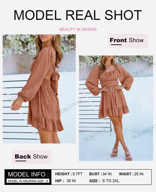 Dokotoo Women’s Long-Sleeve Lantern Dress Square Neck Tie-Back Ruffle A-Line Mini Dress with Elastic Waist, Sexy and Elegant