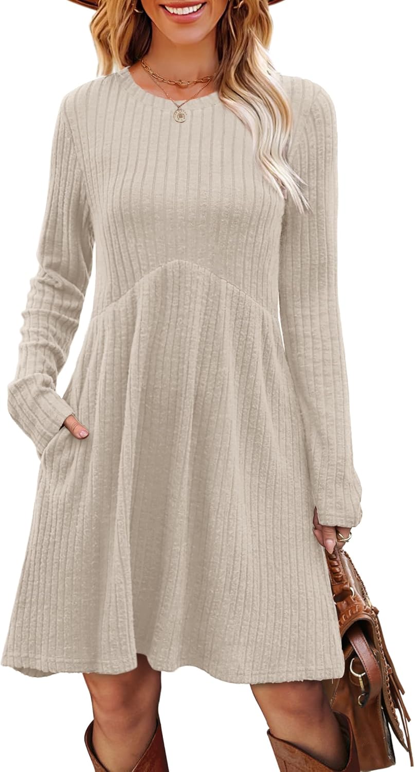 OFEEFAN Women’s Long-Sleeve Crew Neck Tunic Dress Empire Waist with Pockets