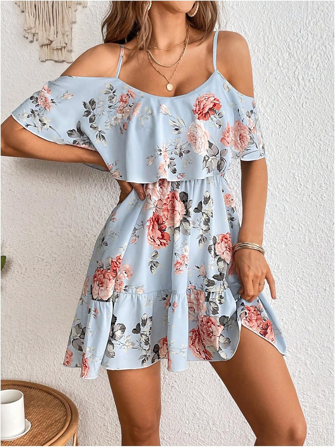 SOLY HUX Women’s Boho Floral Print Cold-Shoulder Dress Short-Sleeve Ruffle A-Line Mini Dress Elegant Vacation Wear