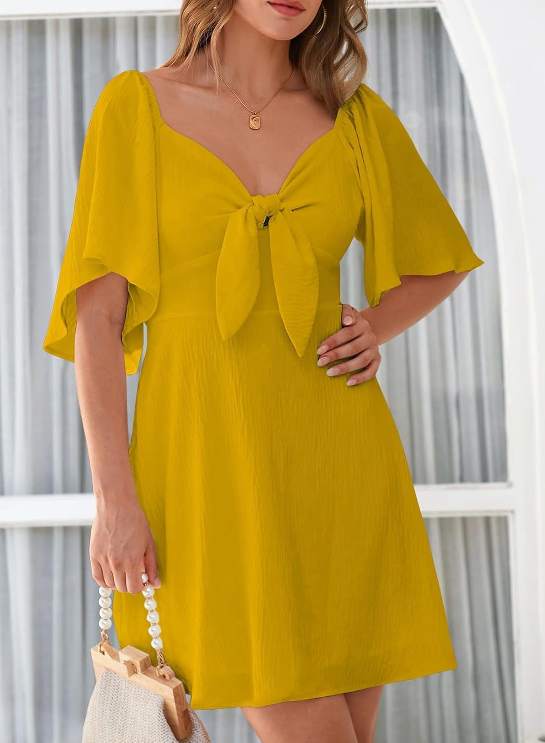 Dokotoo Women’s 2025 Summer & Fall Deep V-Neck Mini Dress with Elegant Bow Tie, Available in Sizes S–XL