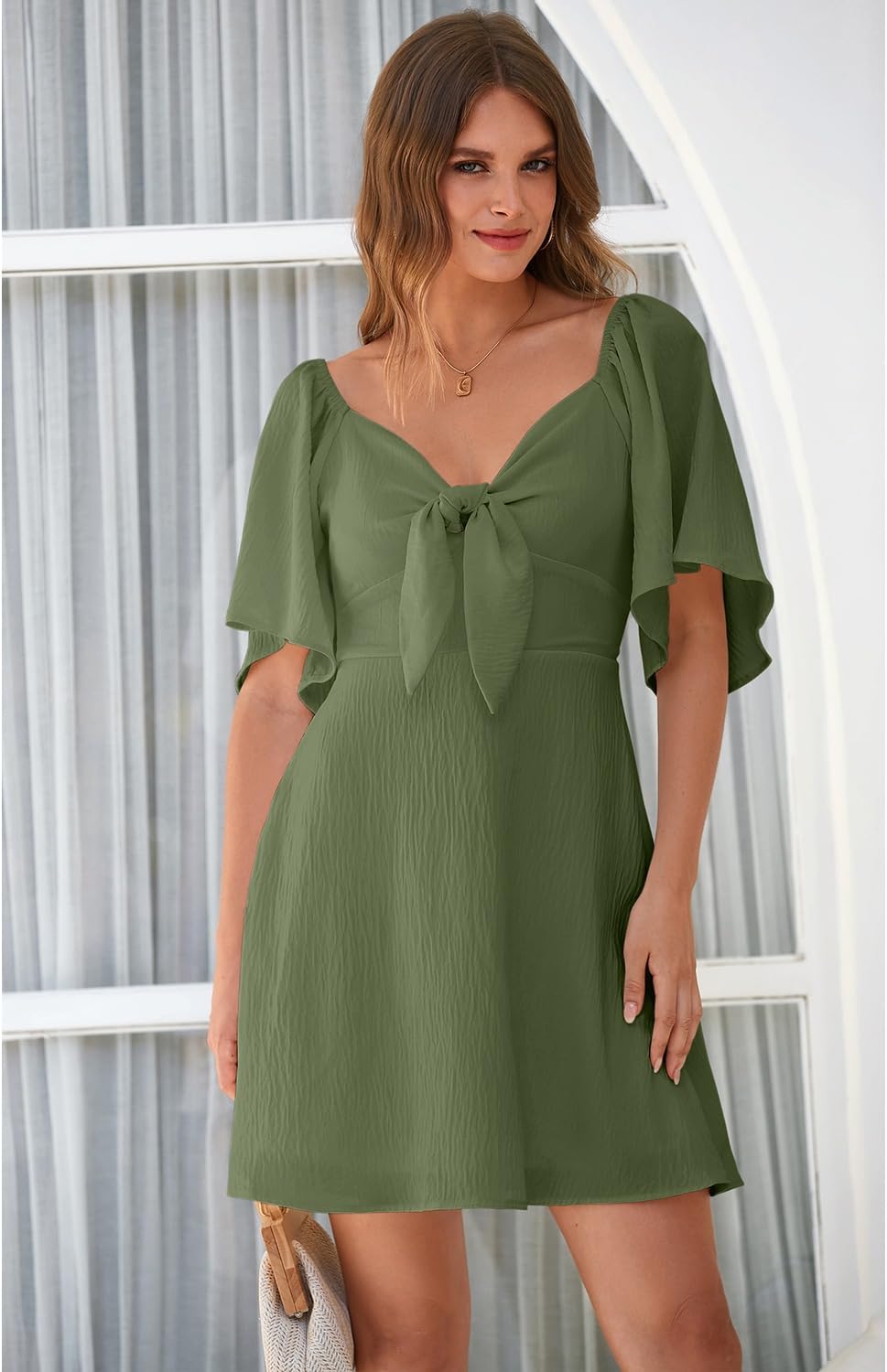 Dokotoo Women’s 2025 Summer & Fall Deep V-Neck Mini Dress with Elegant Bow Tie, Available in Sizes S–XL