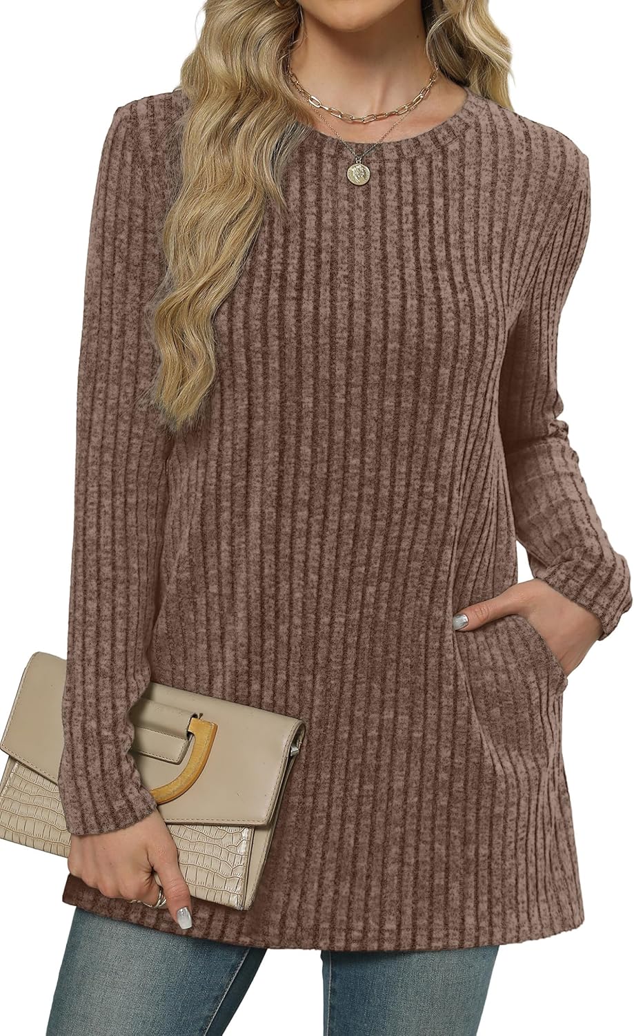 XIEERDUO Women’s Long-Sleeve Crewneck Tunic Tops Loose-Fit Sweaters with Pockets Fall Fashion 2025