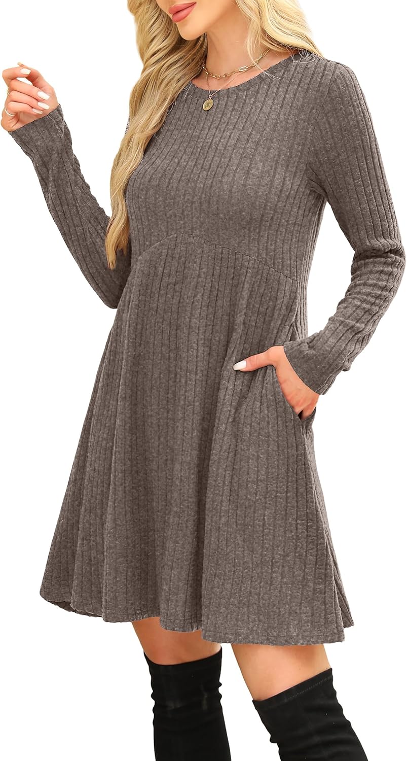 OFEEFAN Women’s Long-Sleeve Crew Neck Tunic Dress Empire Waist with Pockets