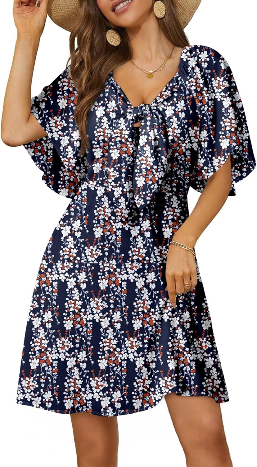 Dokotoo Women’s 2025 Summer & Fall Deep V-Neck Mini Dress with Elegant Bow Tie, Available in Sizes S–XL