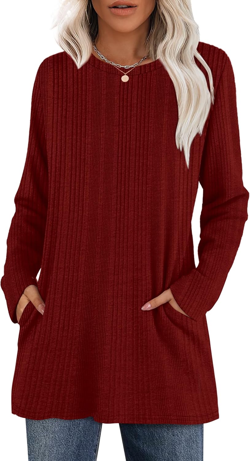 XIEERDUO Women’s Long-Sleeve Crewneck Tunic Tops Loose-Fit Sweaters with Pockets Fall Fashion 2025