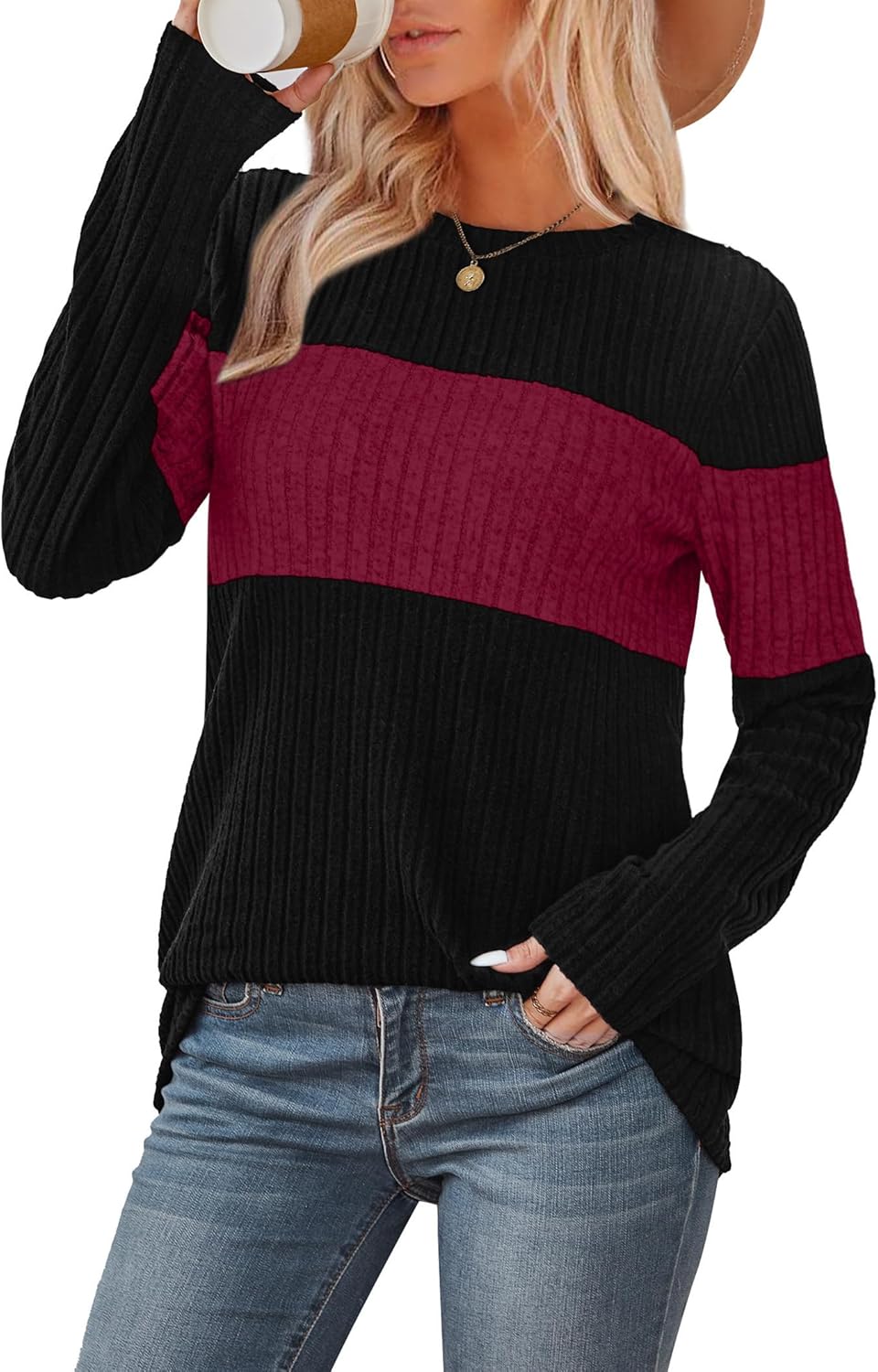 WIHOLL Women’s Color Block Sweaters Long-Sleeve Tops Trendy Fall 2025 Early Fall & Winter Fashion Outfits