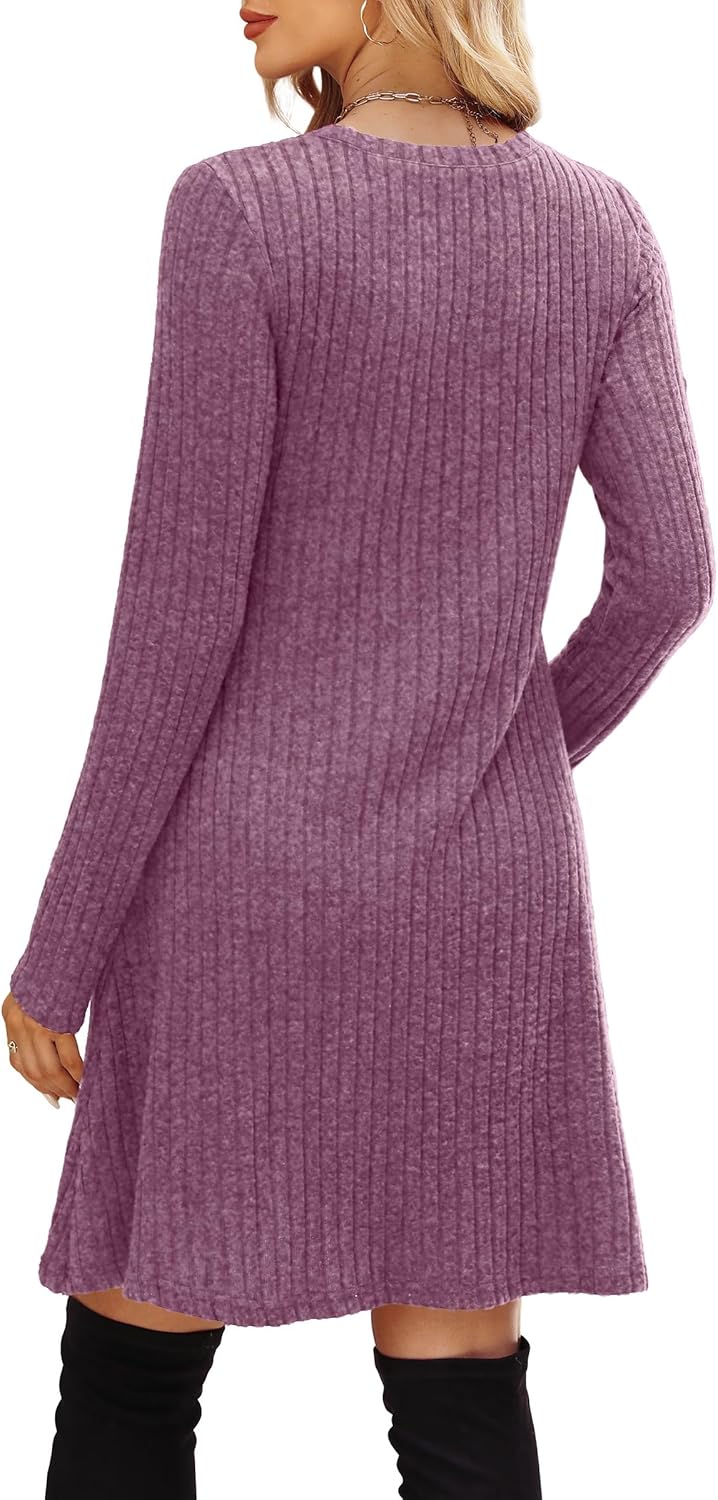 OFEEFAN Women’s Long-Sleeve Crew Neck Tunic Dress Empire Waist with Pockets