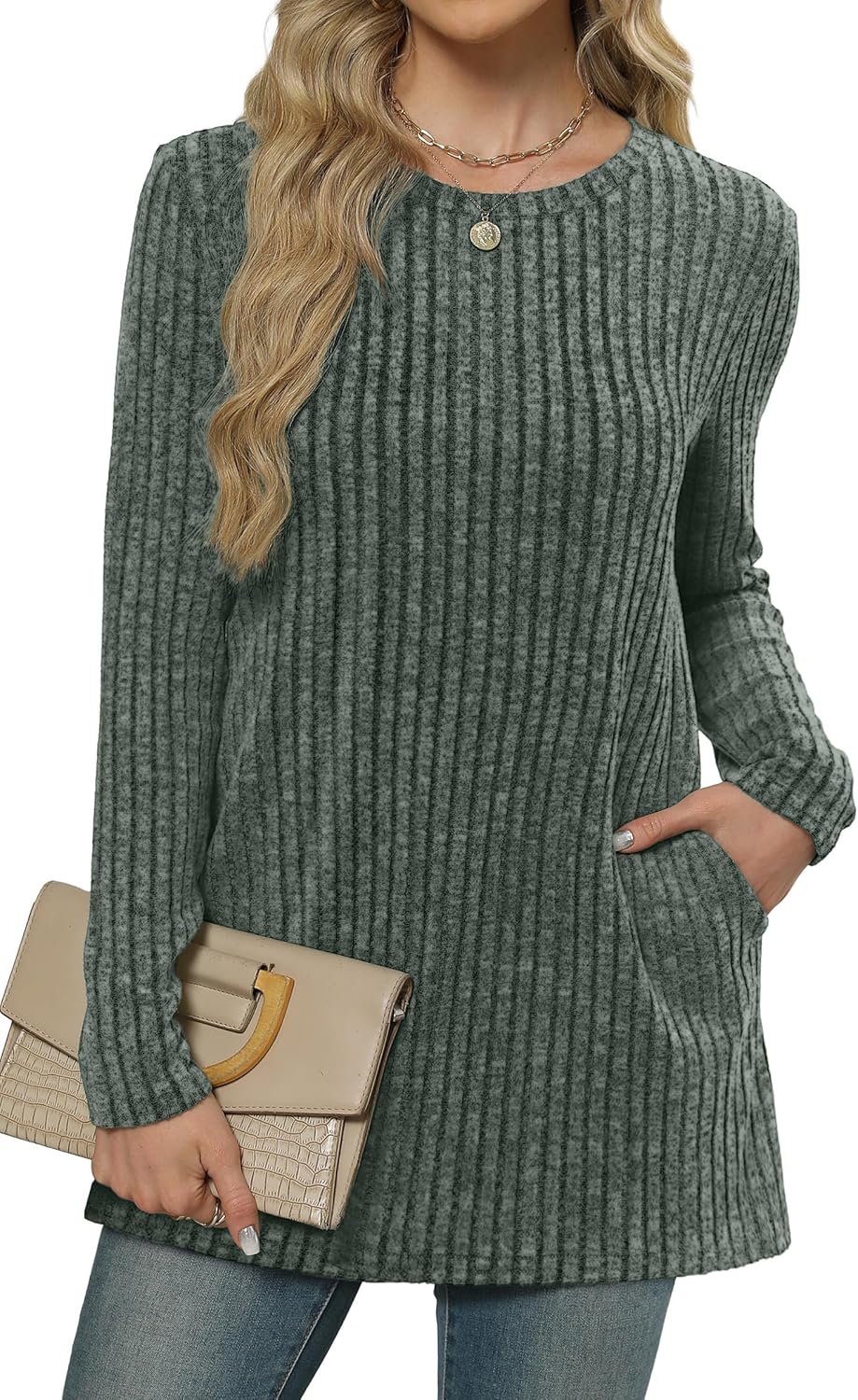 XIEERDUO Women’s Long-Sleeve Crewneck Tunic Tops Loose-Fit Sweaters with Pockets Fall Fashion 2025