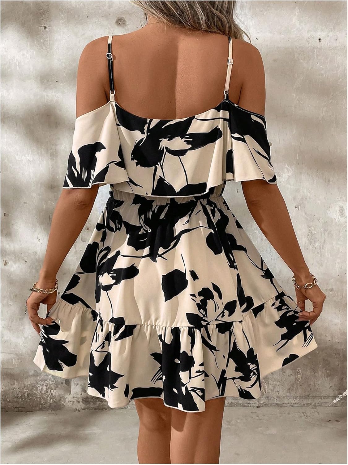 SOLY HUX Women’s Boho Floral Print Cold-Shoulder Dress Short-Sleeve Ruffle A-Line Mini Dress Elegant Vacation Wear