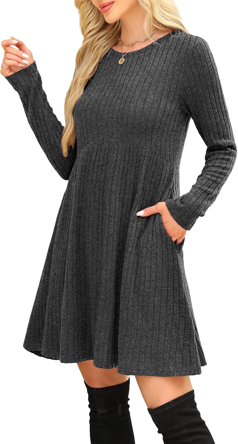 OFEEFAN Women’s Long-Sleeve Crew Neck Tunic Dress Empire Waist with Pockets