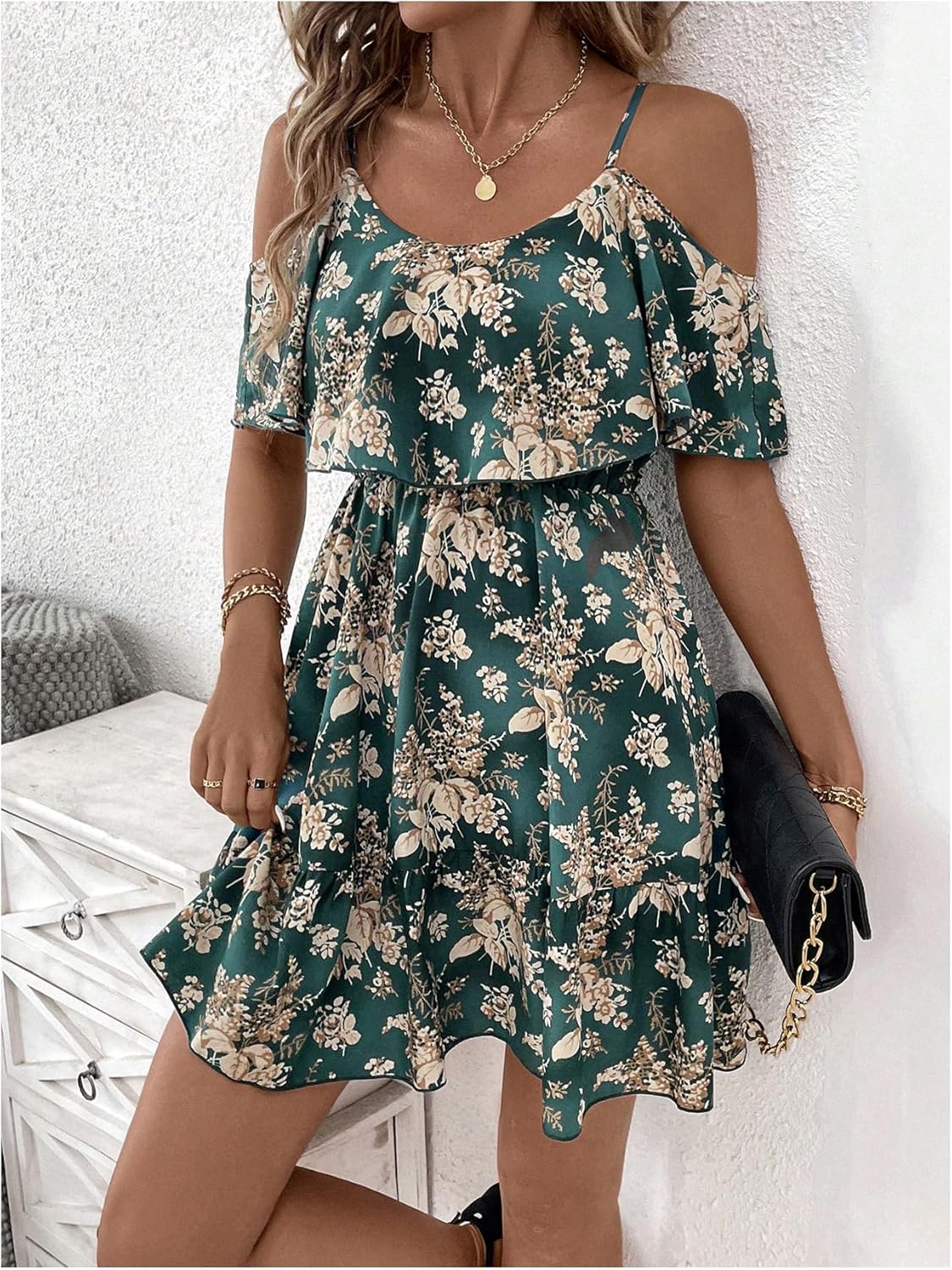 SOLY HUX Women’s Boho Floral Print Cold-Shoulder Dress Short-Sleeve Ruffle A-Line Mini Dress Elegant Vacation Wear
