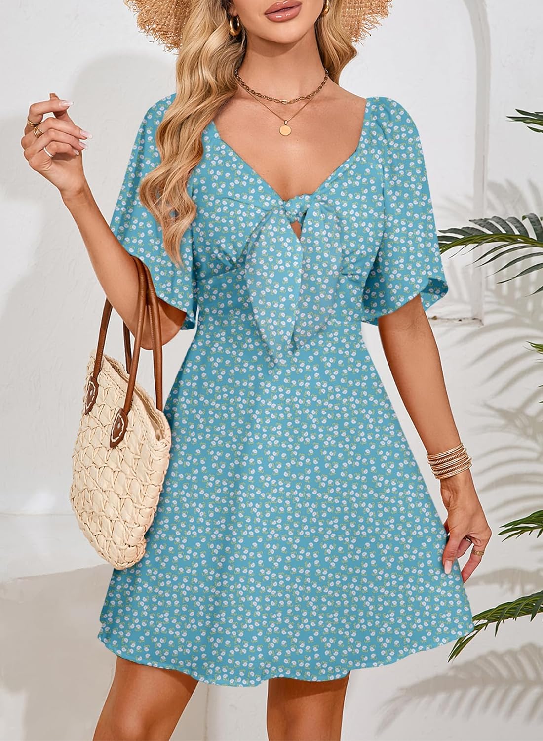 Dokotoo Women’s 2025 Summer & Fall Deep V-Neck Mini Dress with Elegant Bow Tie, Available in Sizes S–XL