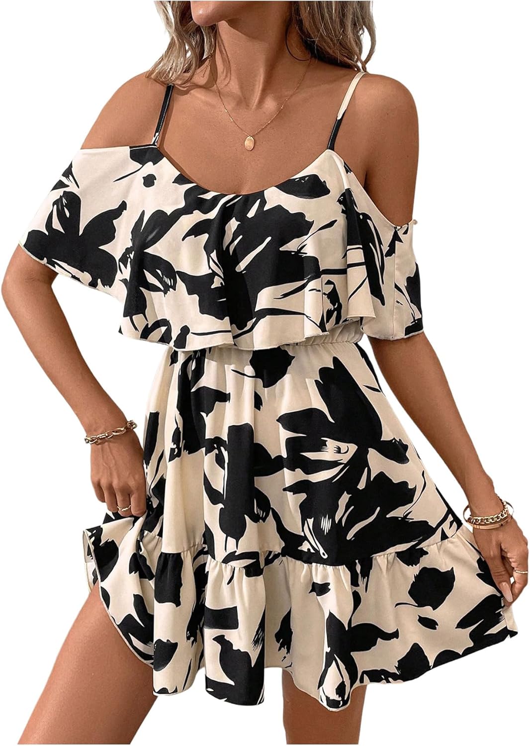 SOLY HUX Women’s Boho Floral Print Cold-Shoulder Dress Short-Sleeve Ruffle A-Line Mini Dress Elegant Vacation Wear