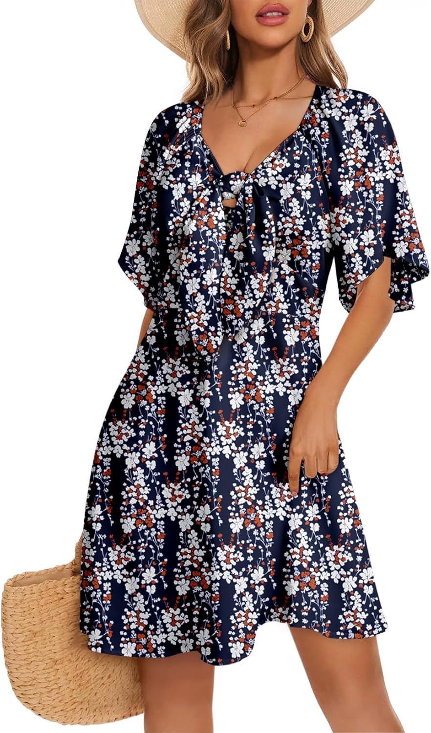 Dokotoo Women’s 2025 Summer & Fall Deep V-Neck Mini Dress with Elegant Bow Tie, Available in Sizes S–XL