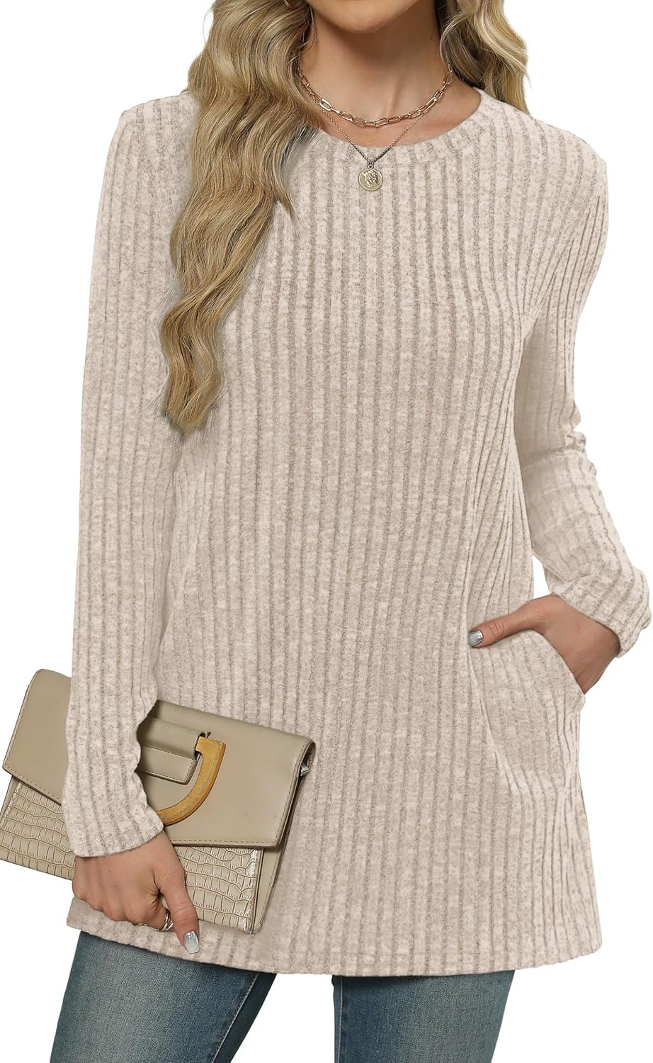 XIEERDUO Women’s Long-Sleeve Crewneck Tunic Tops Loose-Fit Sweaters with Pockets Fall Fashion 2025