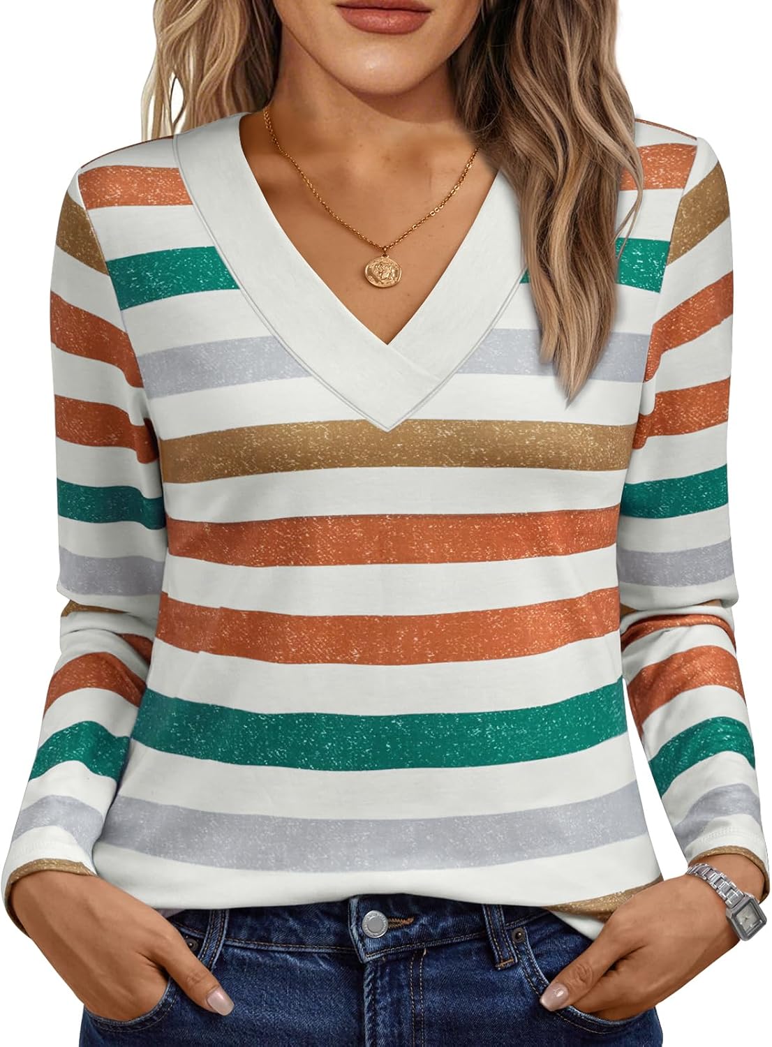 AUTOMET Women’s Long Sleeve V-Neck Tops – Soft Casual Tees, Comfortable Basic Blouses for Everyday Wear