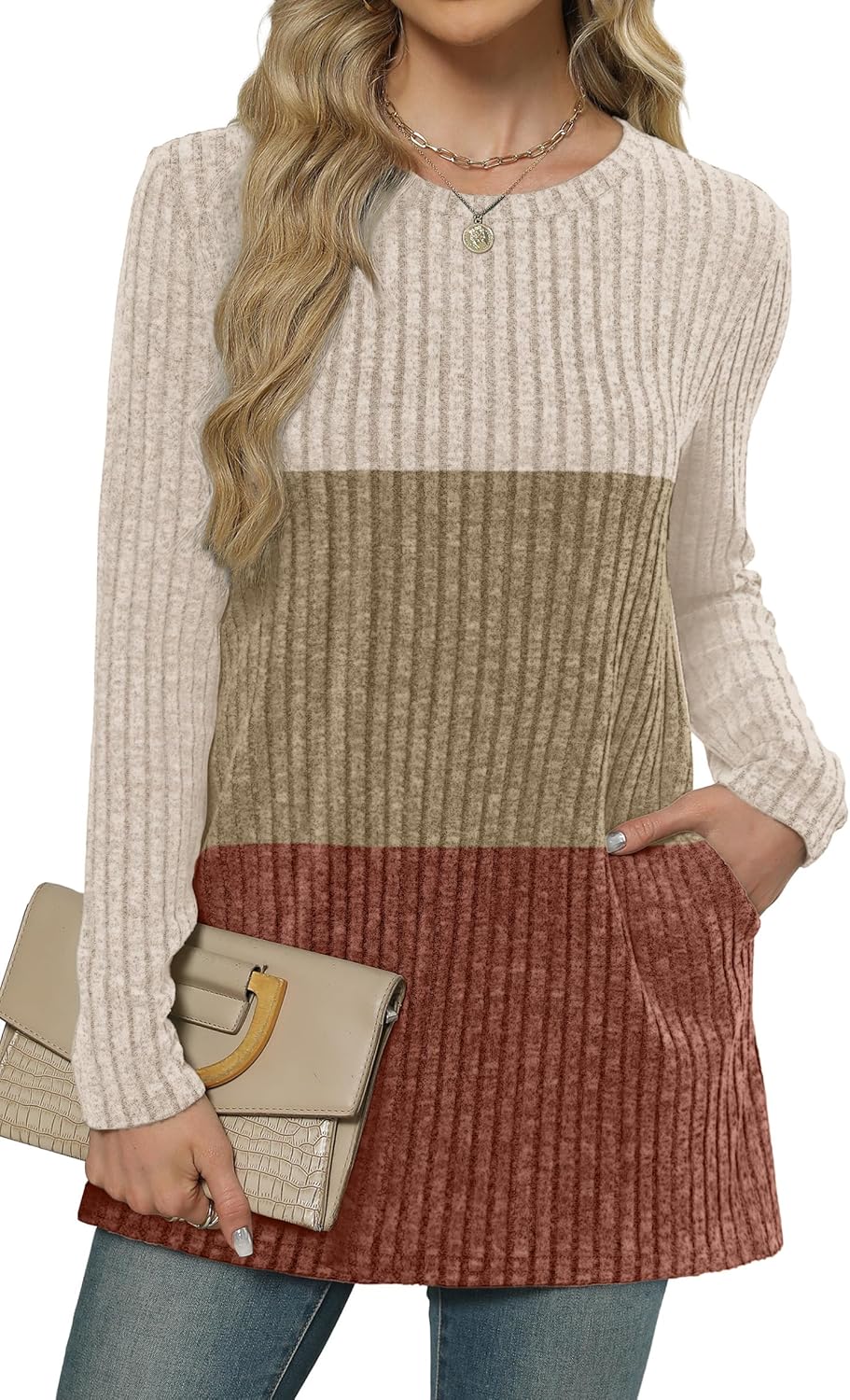 XIEERDUO Women’s Long-Sleeve Crewneck Tunic Tops Loose-Fit Sweaters with Pockets Fall Fashion 2025