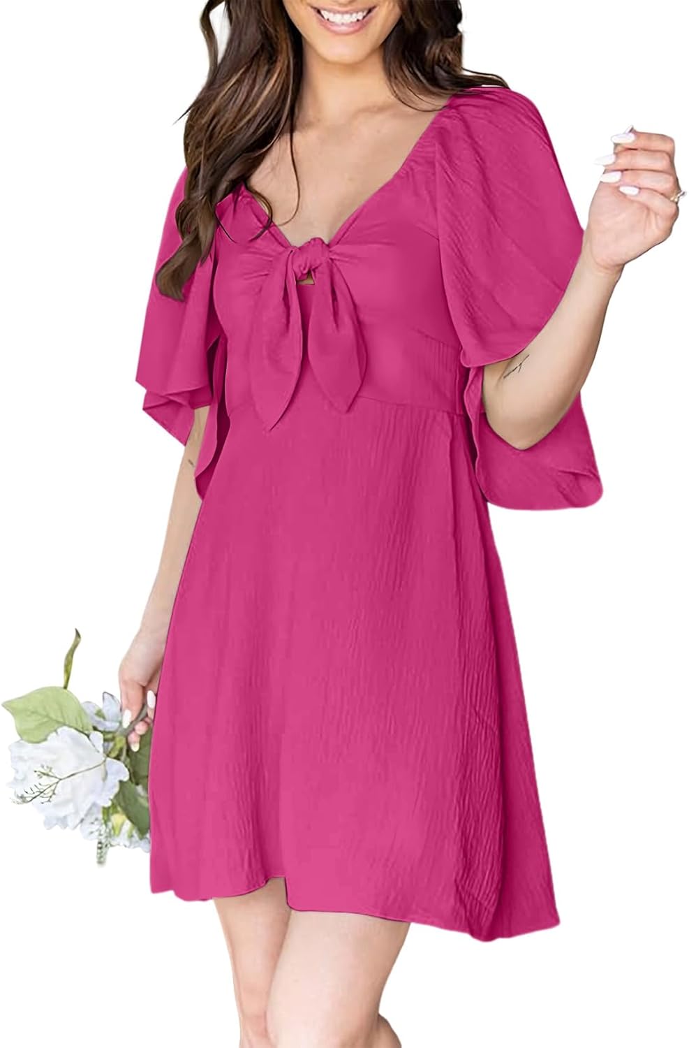 Dokotoo Women’s 2025 Summer & Fall Deep V-Neck Mini Dress with Elegant Bow Tie, Available in Sizes S–XL