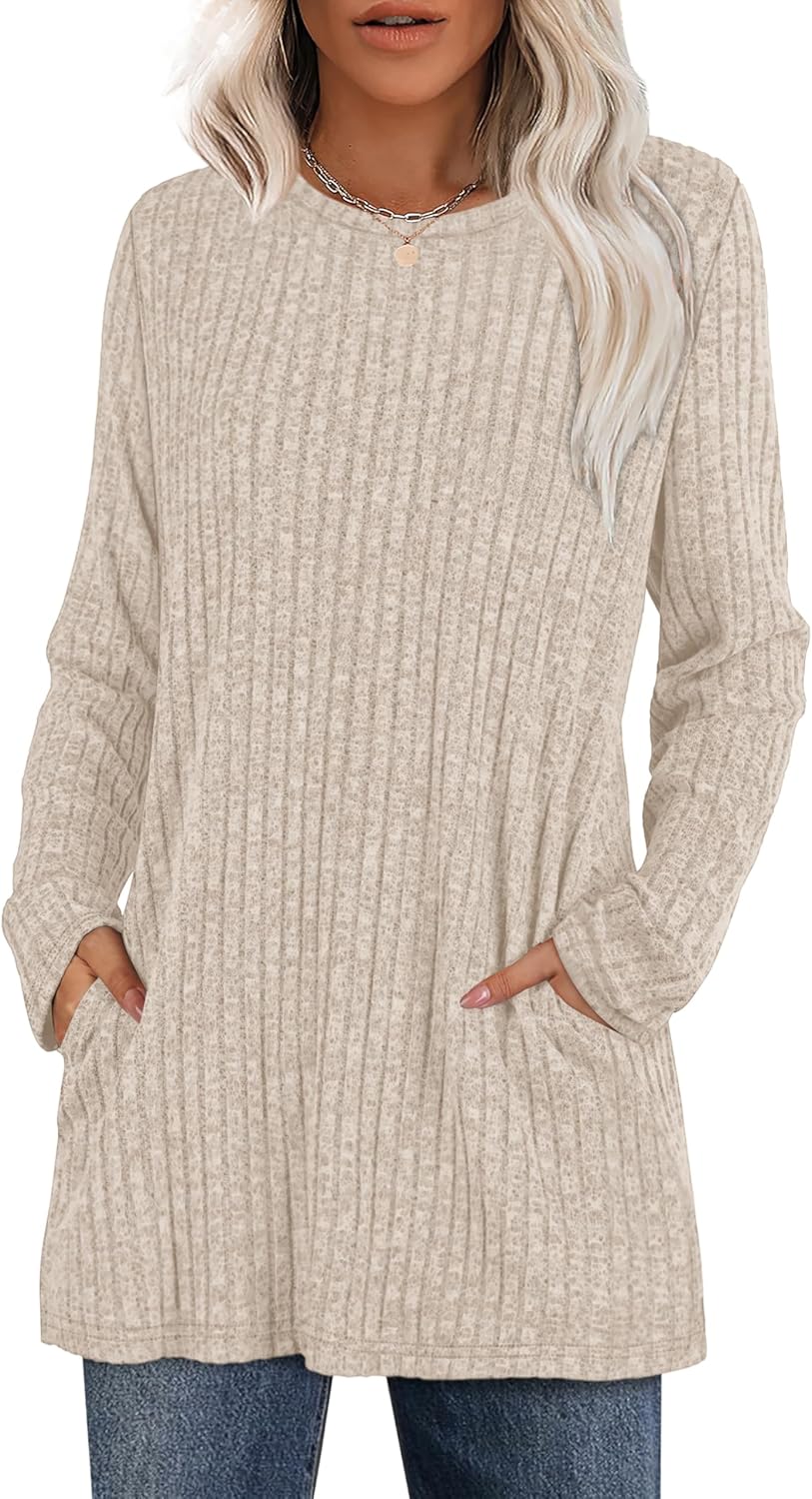 XIEERDUO Women’s Long-Sleeve Crewneck Tunic Tops Loose-Fit Sweaters with Pockets Fall Fashion 2025