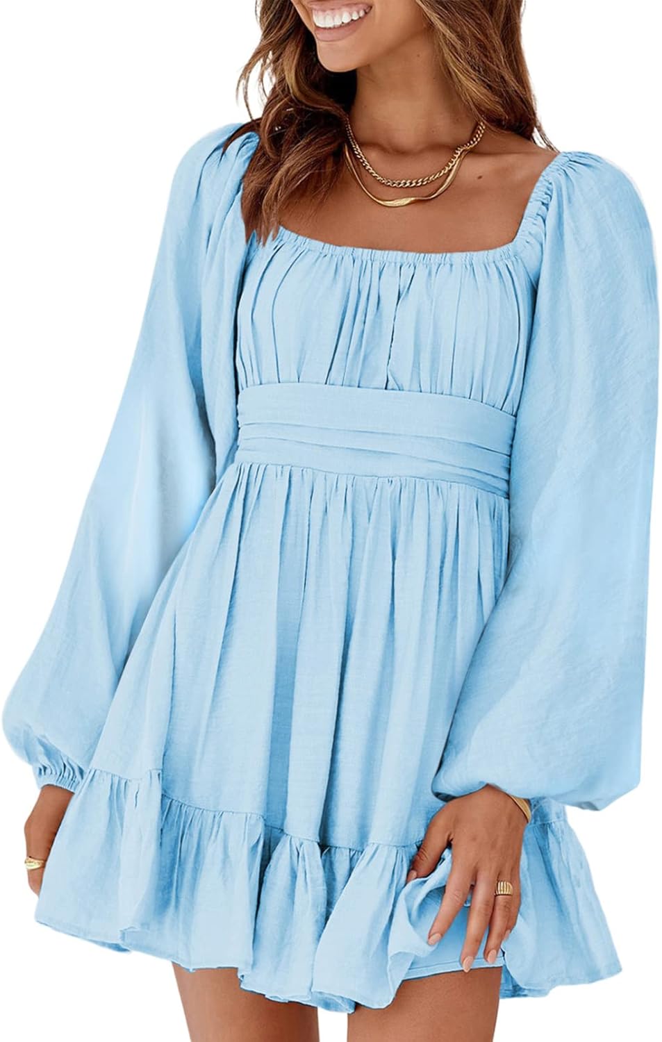 Dokotoo Women’s Long-Sleeve Lantern Dress Square Neck Tie-Back Ruffle A-Line Mini Dress with Elastic Waist, Sexy and Elegant