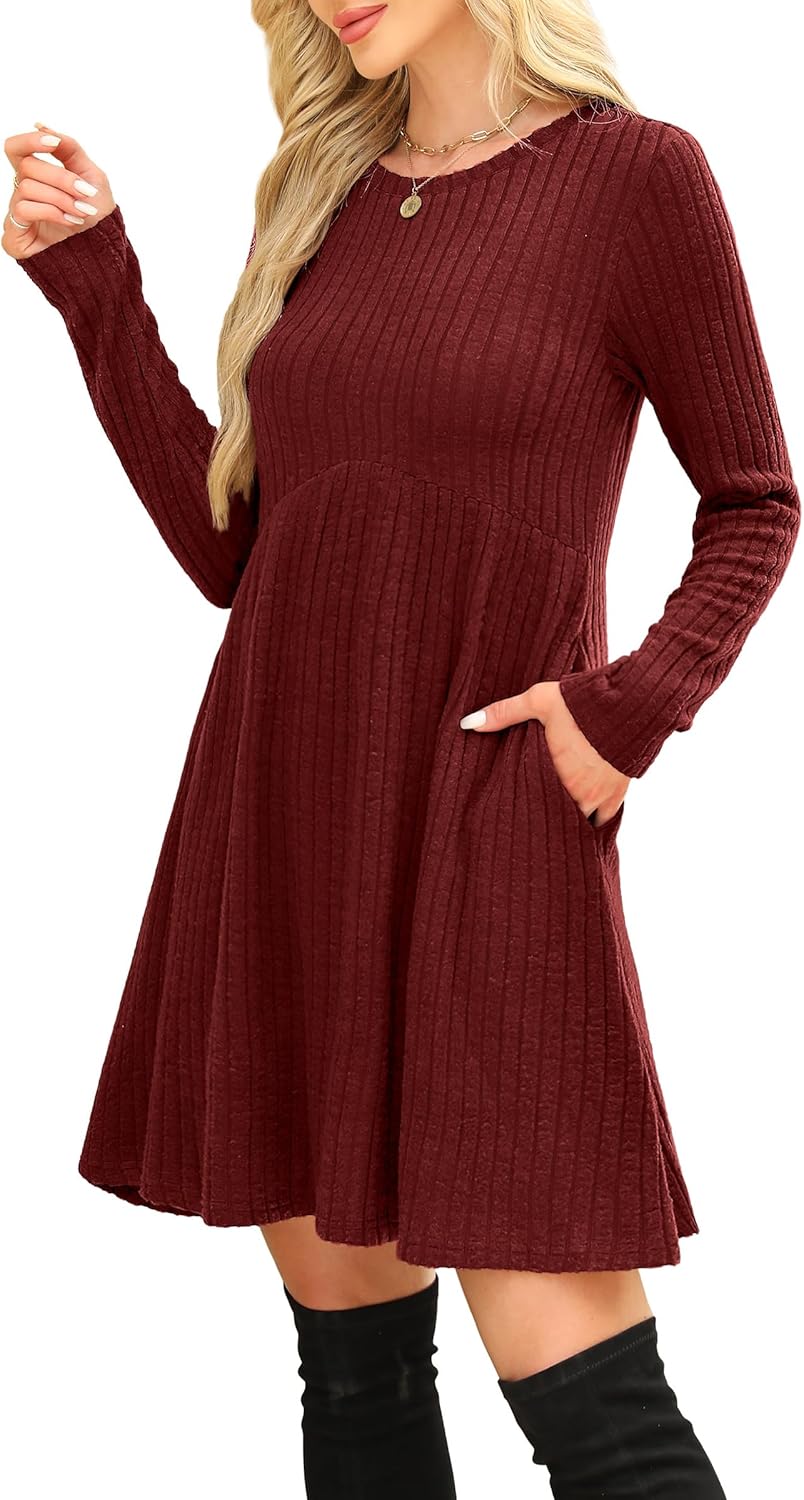 OFEEFAN Women’s Long-Sleeve Crew Neck Tunic Dress Empire Waist with Pockets