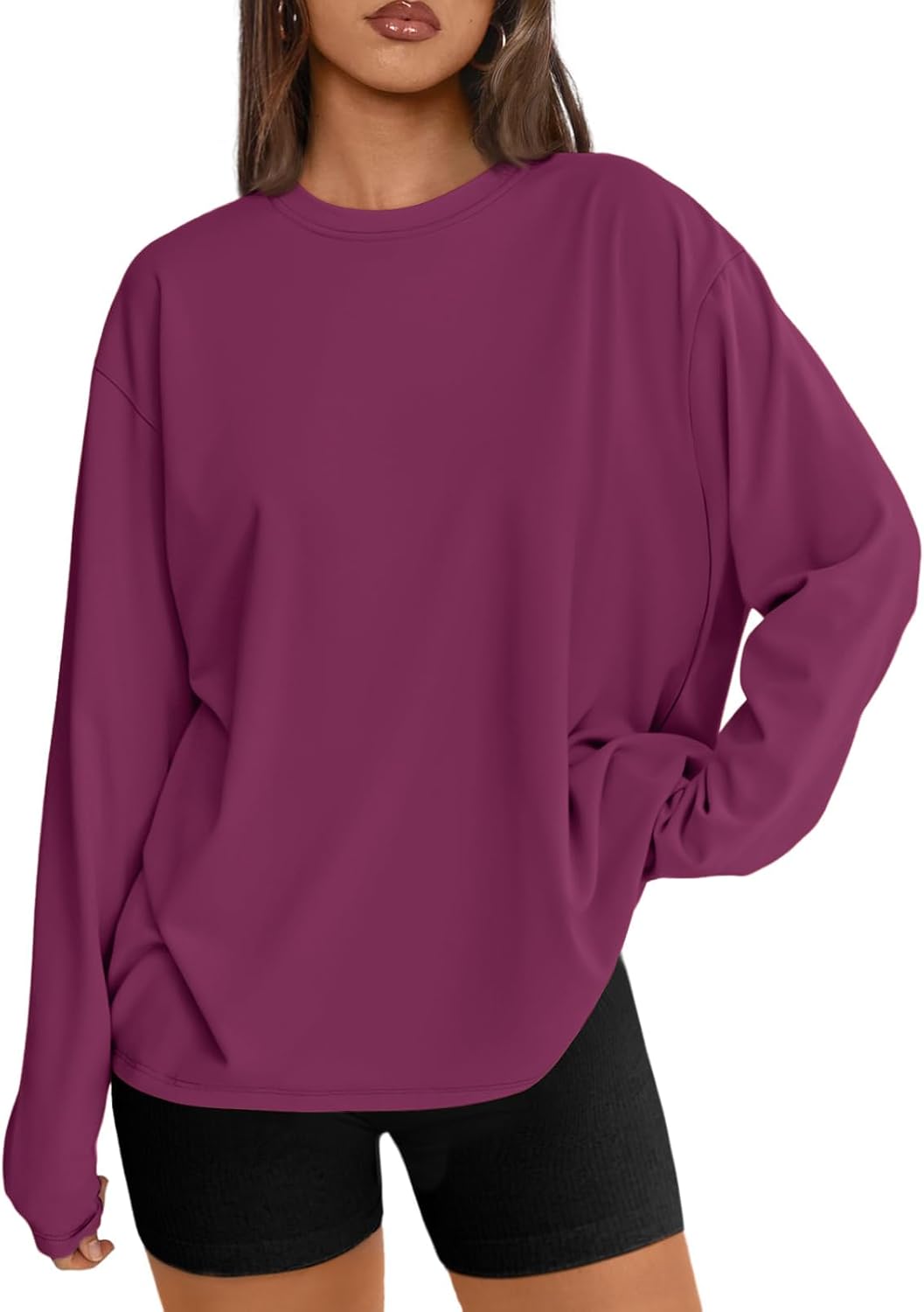 Trendy Queen Women’s Oversized Long Sleeve Tee 2025 – Basic Crewneck Top for Fall, Casual Y2K Style and Workout Wear