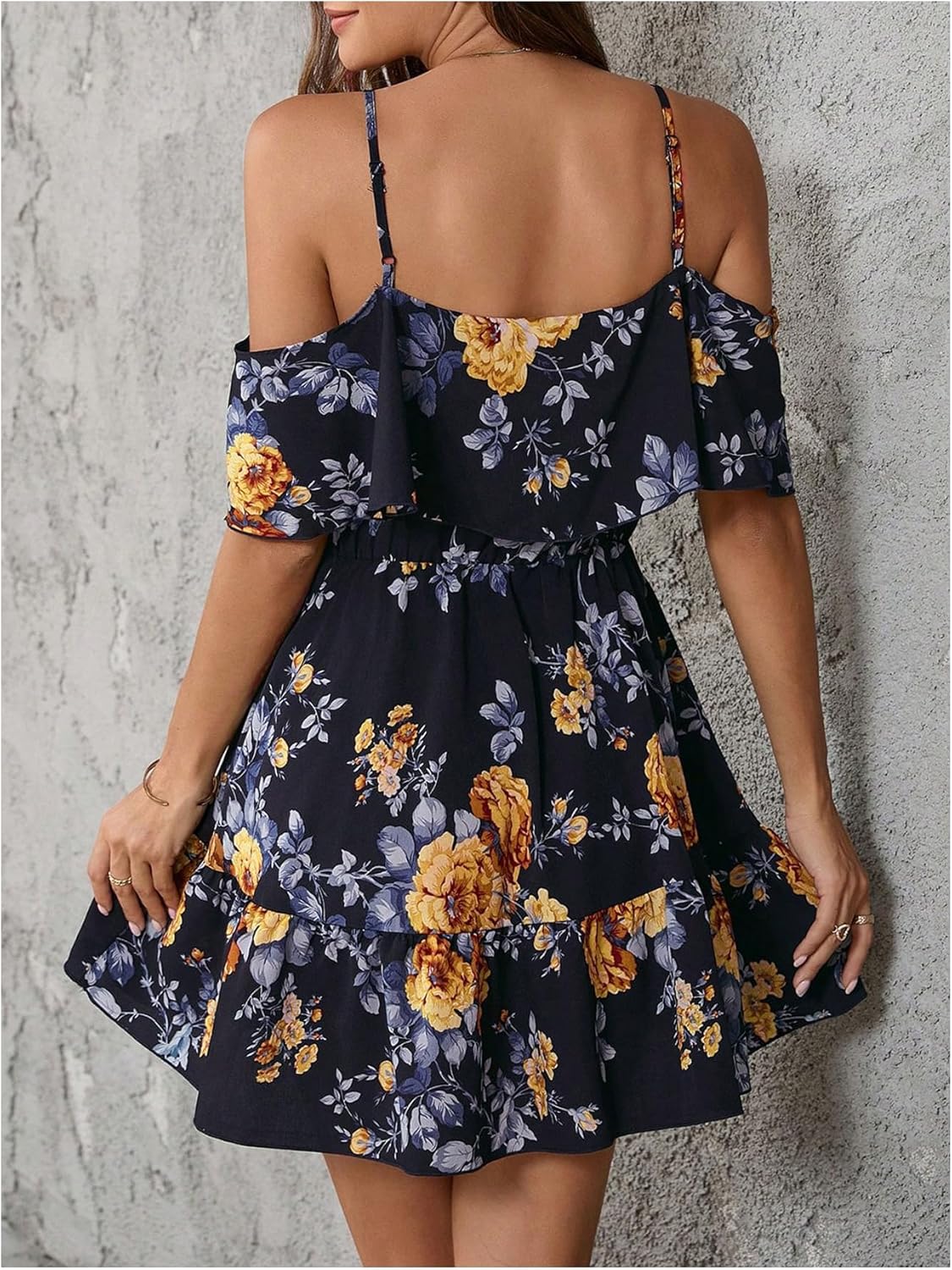 SOLY HUX Women’s Boho Floral Print Cold-Shoulder Dress Short-Sleeve Ruffle A-Line Mini Dress Elegant Vacation Wear