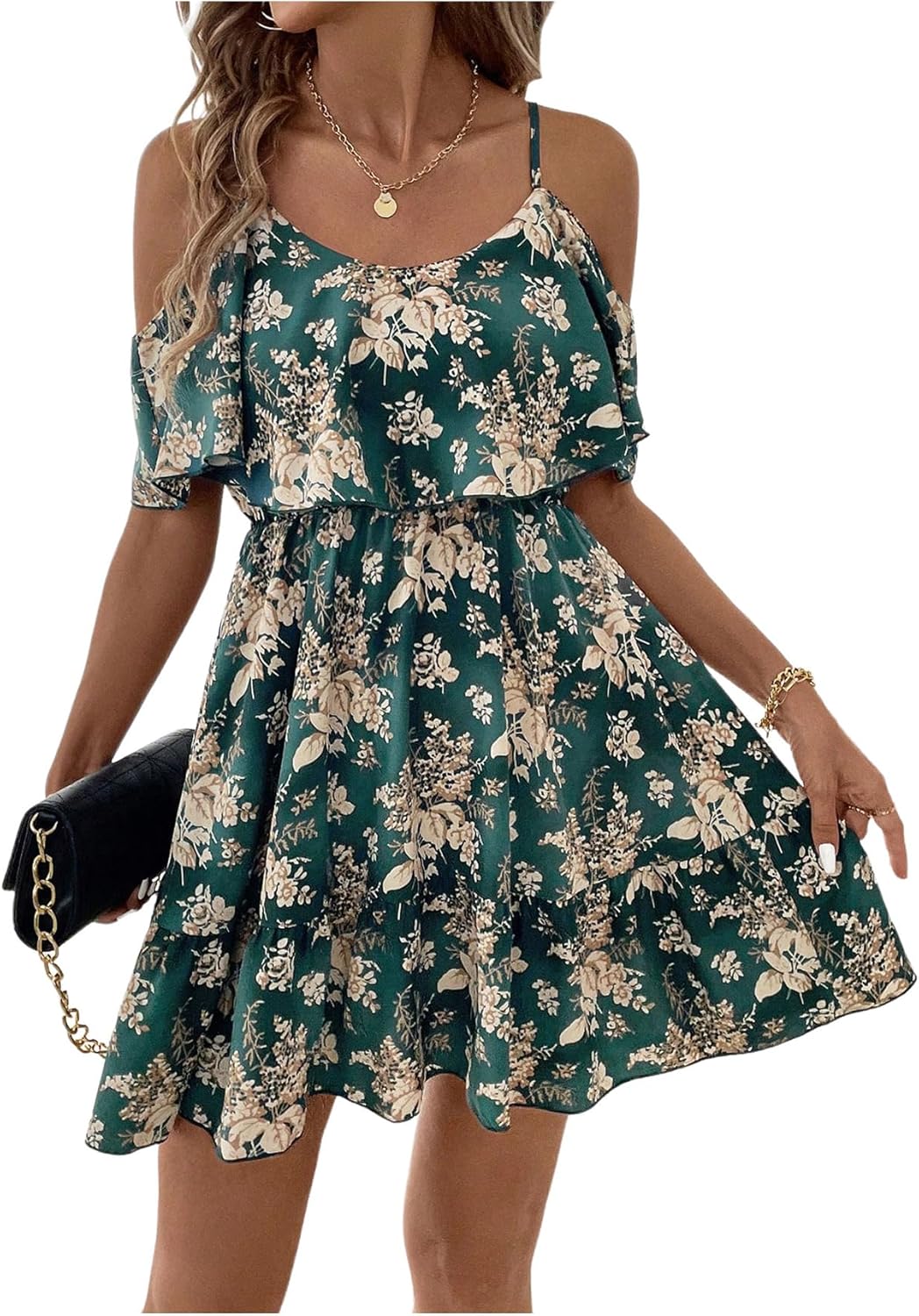 SOLY HUX Women’s Boho Floral Print Cold-Shoulder Dress Short-Sleeve Ruffle A-Line Mini Dress Elegant Vacation Wear