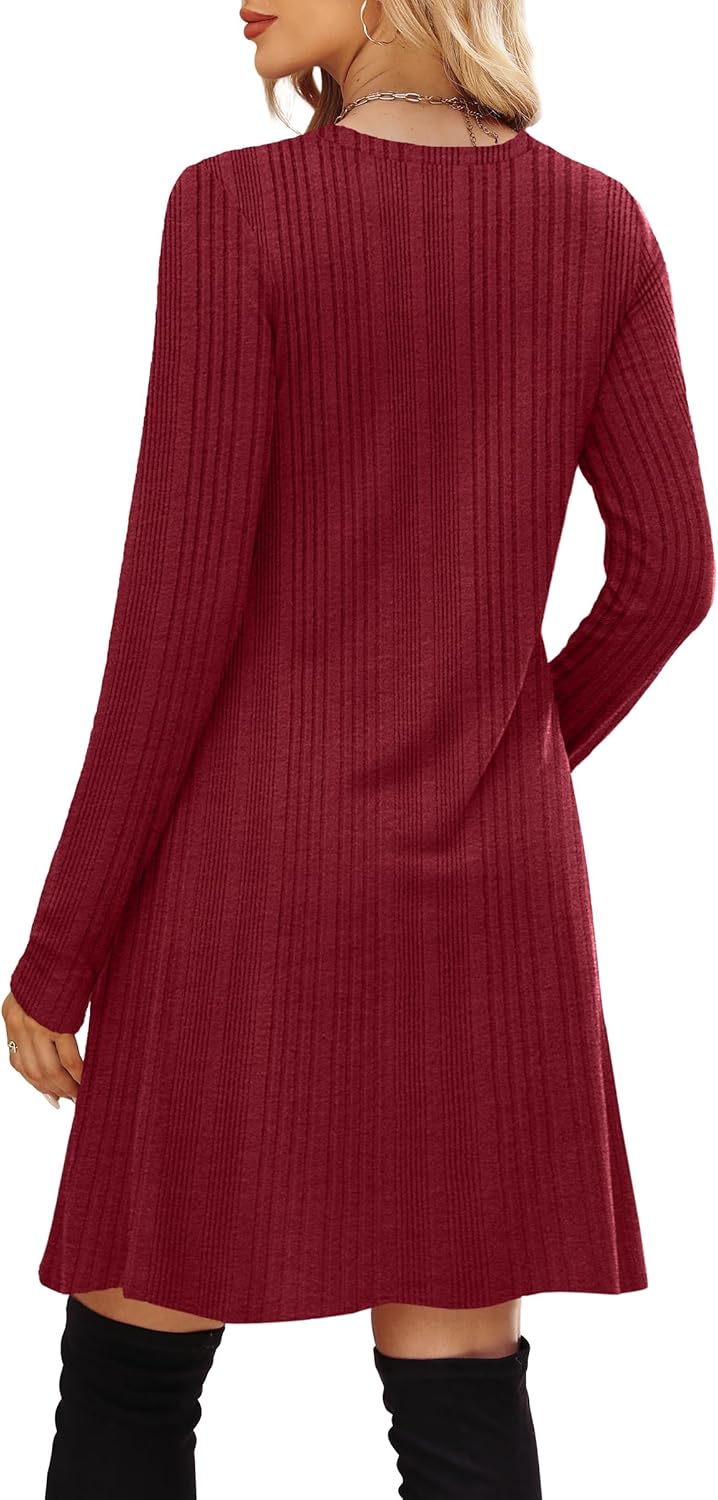 OFEEFAN Women’s Long-Sleeve Crew Neck Tunic Dress Empire Waist with Pockets