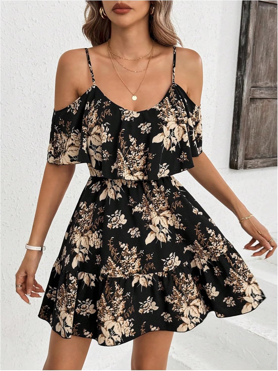 SOLY HUX Women’s Boho Floral Print Cold-Shoulder Dress Short-Sleeve Ruffle A-Line Mini Dress Elegant Vacation Wear