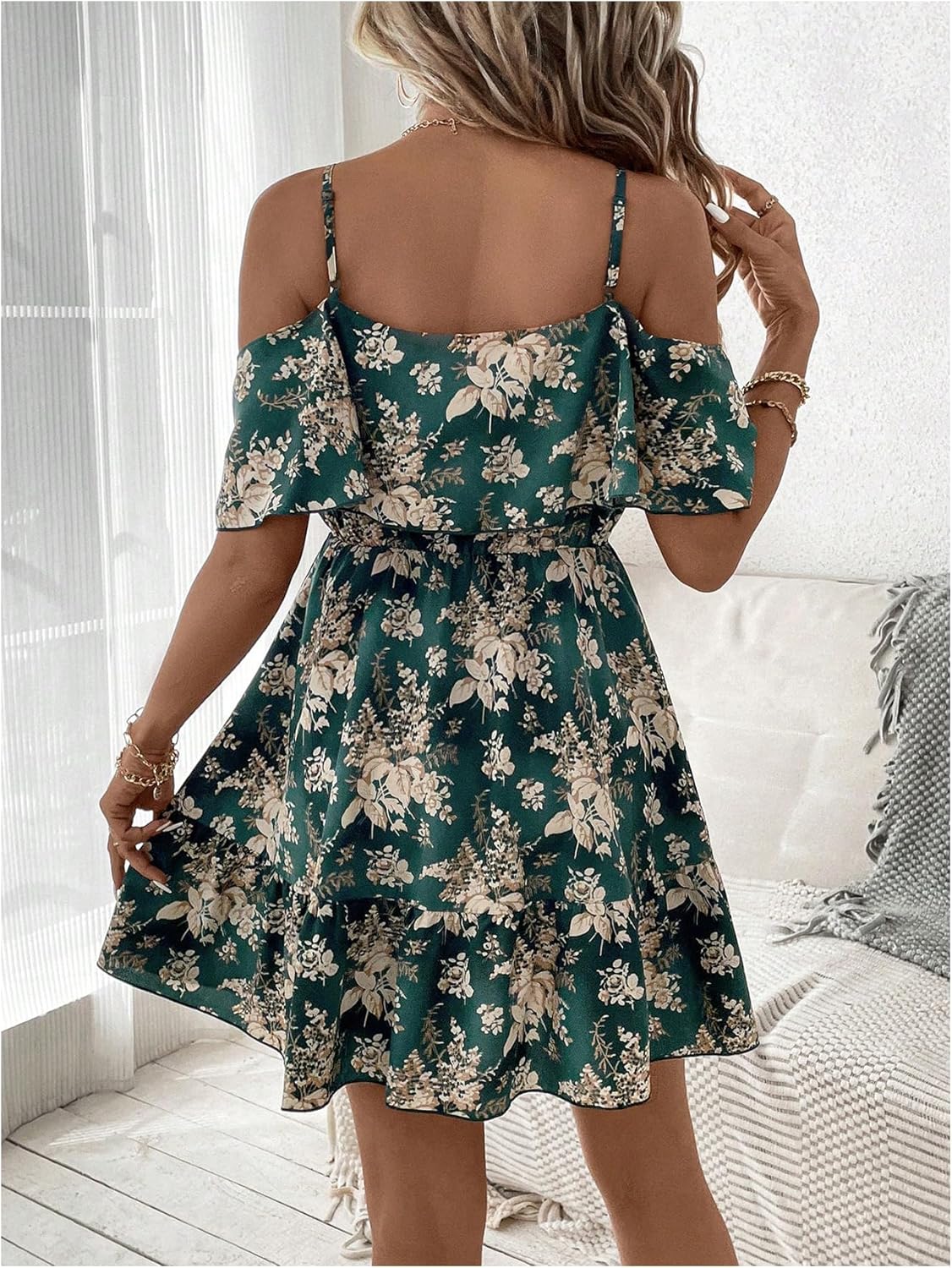 SOLY HUX Women’s Boho Floral Print Cold-Shoulder Dress Short-Sleeve Ruffle A-Line Mini Dress Elegant Vacation Wear