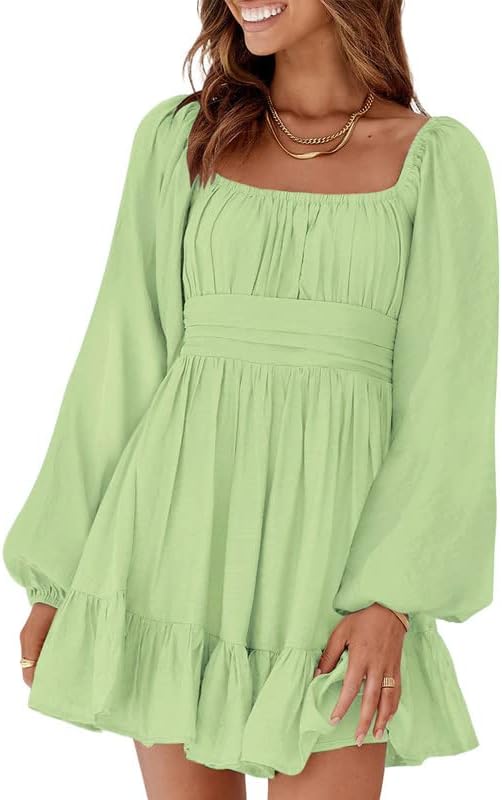 Dokotoo Women’s Long-Sleeve Lantern Dress Square Neck Tie-Back Ruffle A-Line Mini Dress with Elastic Waist, Sexy and Elegant