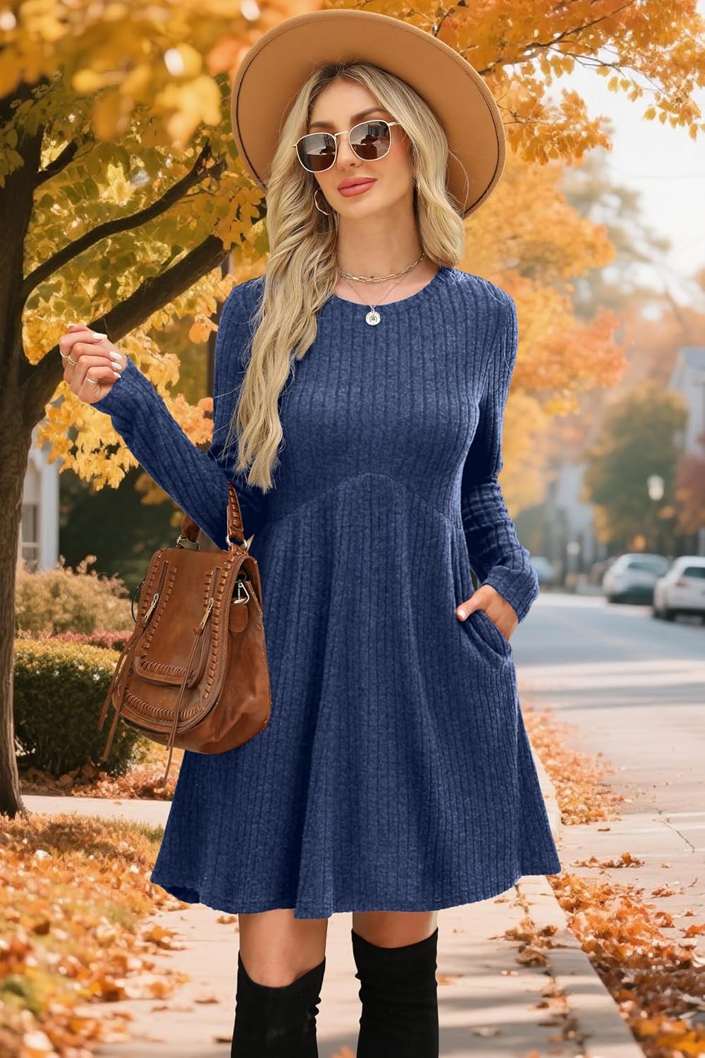OFEEFAN Women’s Long-Sleeve Crew Neck Tunic Dress Empire Waist with Pockets