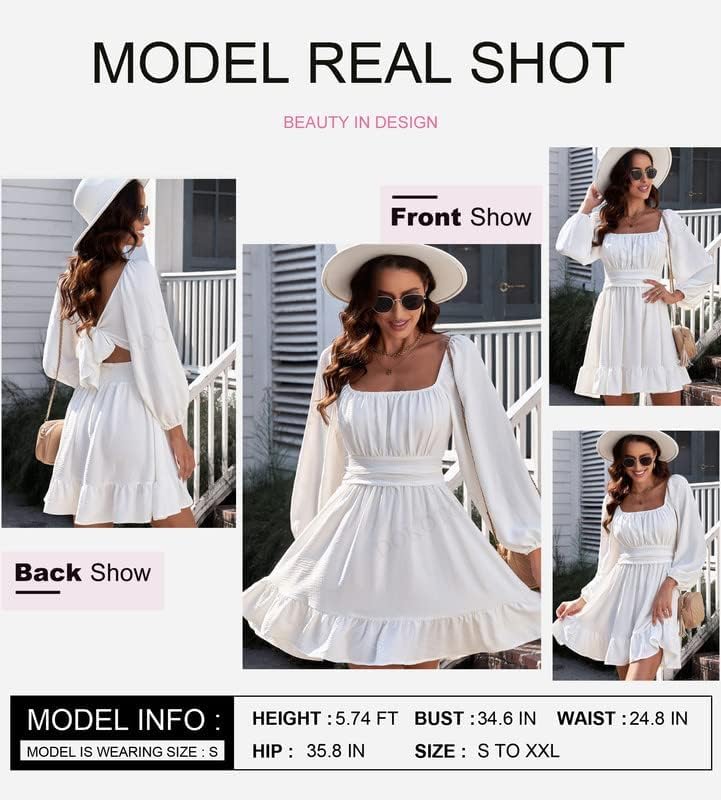 Dokotoo Women’s Long-Sleeve Lantern Dress Square Neck Tie-Back Ruffle A-Line Mini Dress with Elastic Waist, Sexy and Elegant