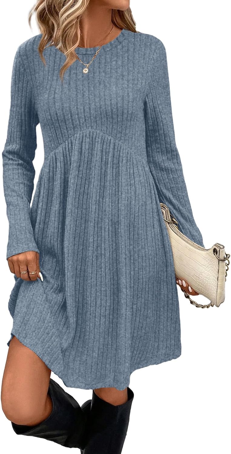 OFEEFAN Women’s Long-Sleeve Crew Neck Tunic Dress Empire Waist with Pockets