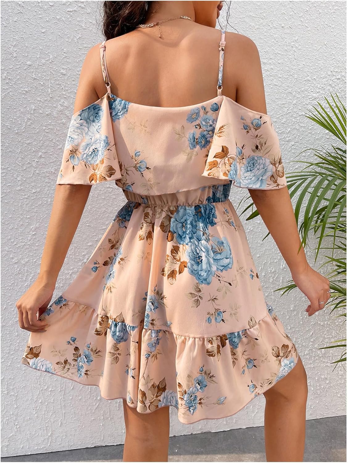 SOLY HUX Women’s Boho Floral Print Cold-Shoulder Dress Short-Sleeve Ruffle A-Line Mini Dress Elegant Vacation Wear