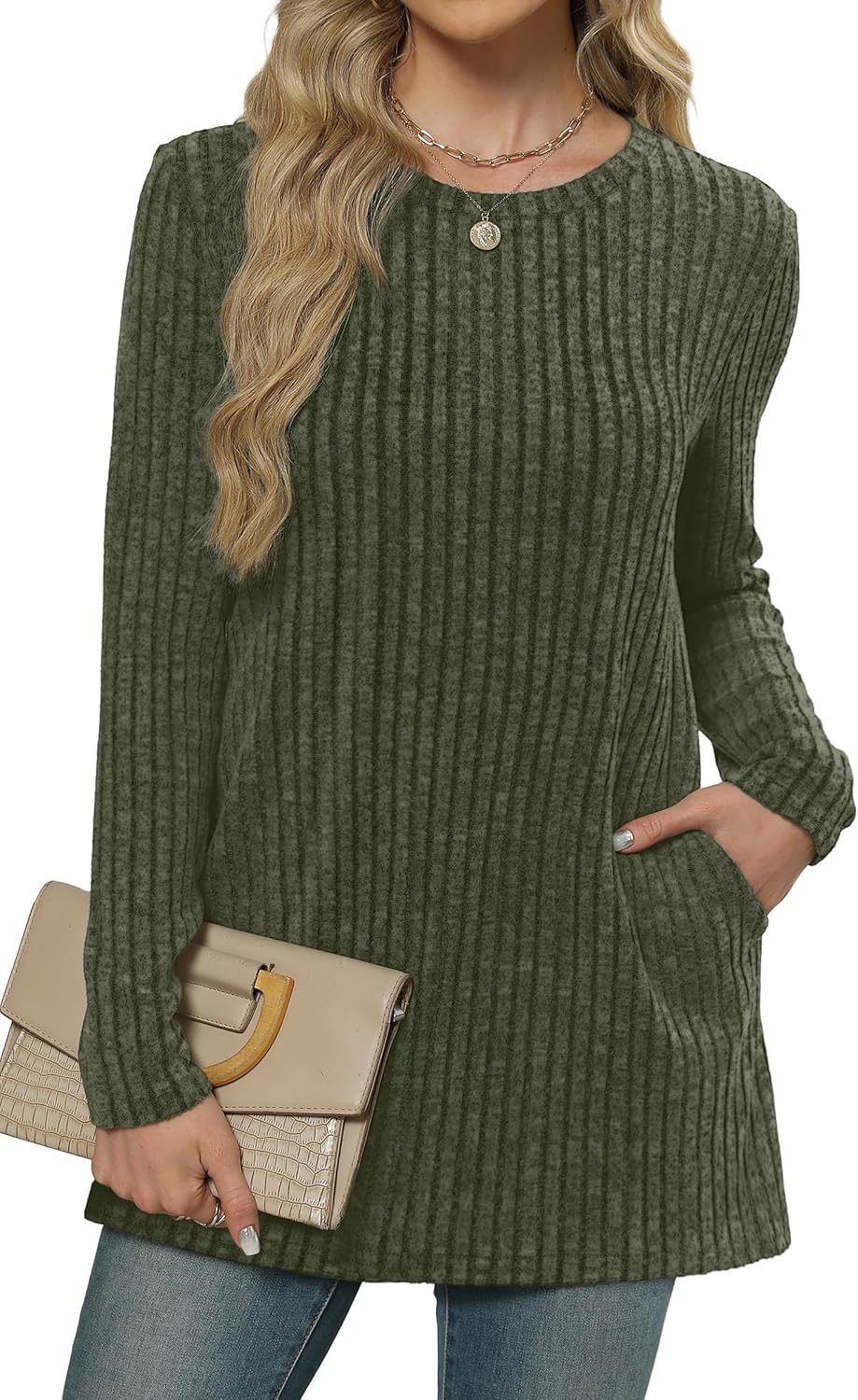 XIEERDUO Women’s Long-Sleeve Crewneck Tunic Tops Loose-Fit Sweaters with Pockets Fall Fashion 2025