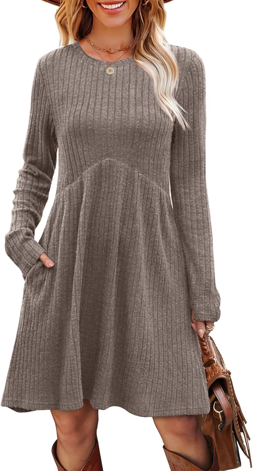 OFEEFAN Women’s Long-Sleeve Crew Neck Tunic Dress Empire Waist with Pockets