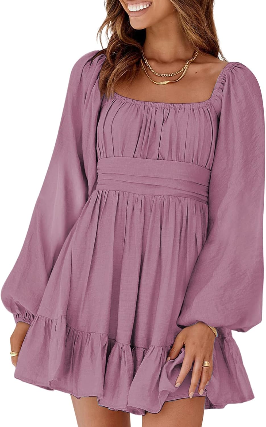 Dokotoo Women’s Long-Sleeve Lantern Dress Square Neck Tie-Back Ruffle A-Line Mini Dress with Elastic Waist, Sexy and Elegant