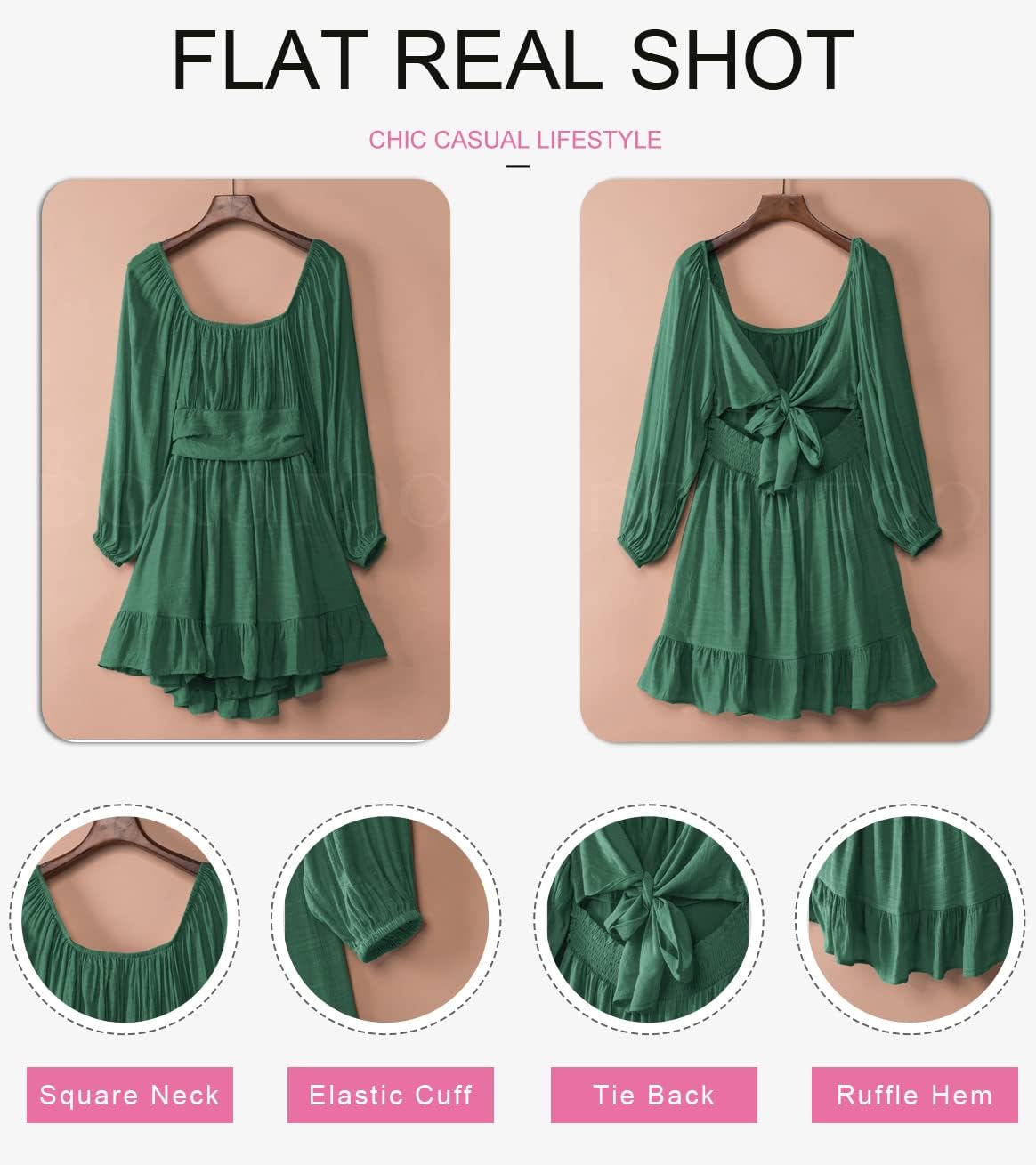 Dokotoo Women’s Long-Sleeve Lantern Dress Square Neck Tie-Back Ruffle A-Line Mini Dress with Elastic Waist, Sexy and Elegant