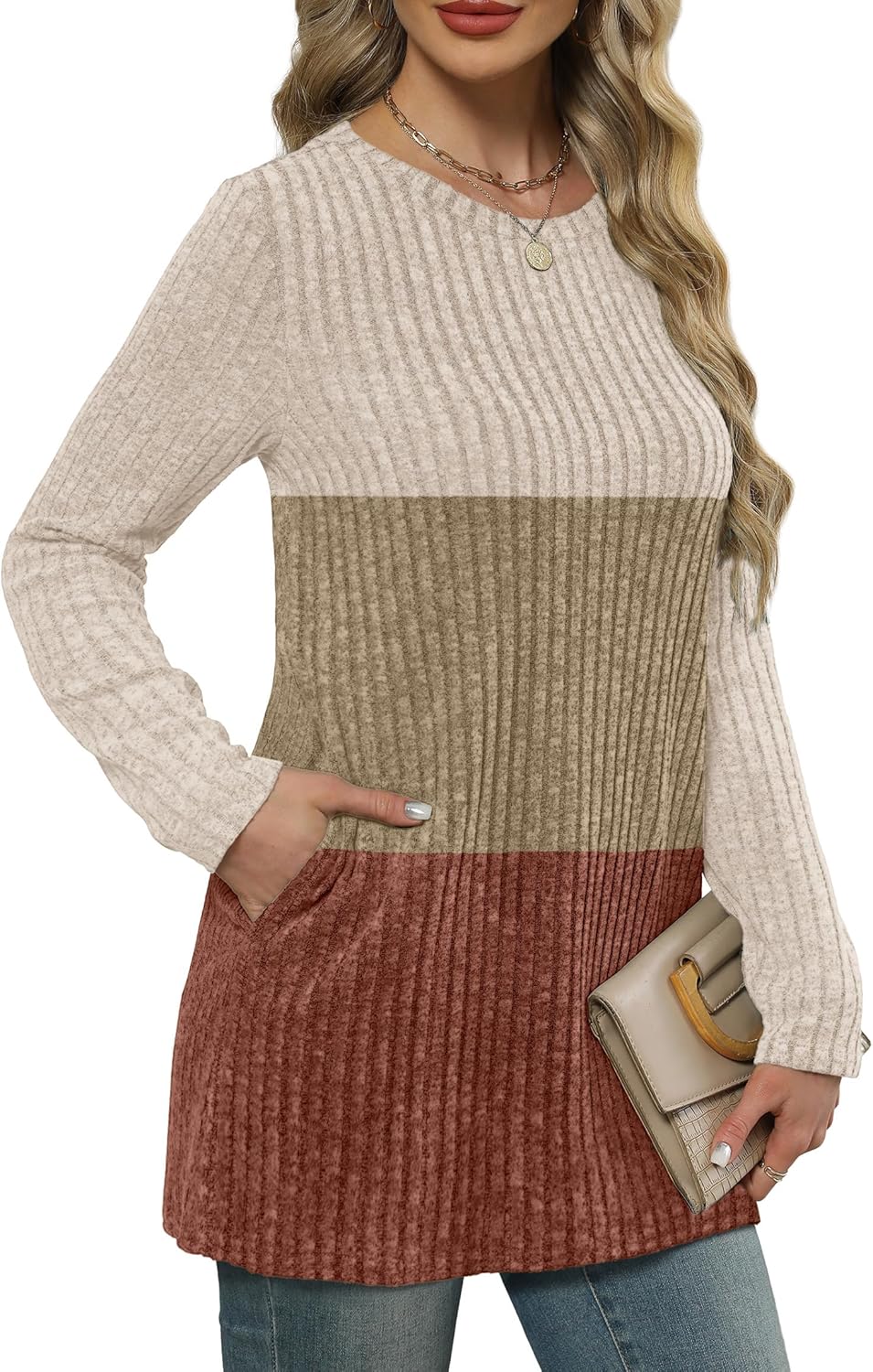 XIEERDUO Women’s Long-Sleeve Crewneck Tunic Tops Loose-Fit Sweaters with Pockets Fall Fashion 2025