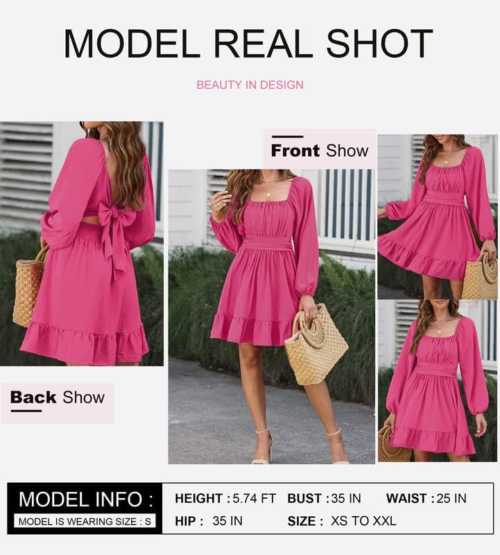 Dokotoo Women’s Long-Sleeve Lantern Dress Square Neck Tie-Back Ruffle A-Line Mini Dress with Elastic Waist, Sexy and Elegant